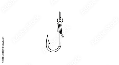 A detailed illustration of a fishing hook with lure, viewed from the side, showcasing its sharp point and coiled spring design