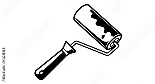 Paint roller with handle and paint splatter illustration on transparent background
