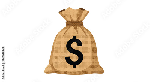 A closed, textured brown burlap money bag with a bold black dollar sign is cinched with a rope tie on a clean white background.