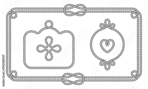 Rope. Set of various decorative rope elements and frames. Frames, laces, knots, decorations. Nautical rope, decorative binding. Vintage background template with empty space for text. Isolated. Vector