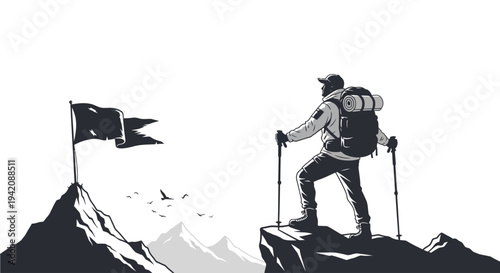 Hiker with backpack stands on mountain peak holding trekking poles near a flag
