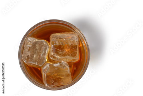 Whiskey with Ice Cubes on White Background Top View