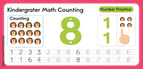 Kindergarten Math Counting Worksheet with Number Eight Practice for Kids Learning, Preschool Education Activity, Early Childhood Mathematics Printable Worksheet Design