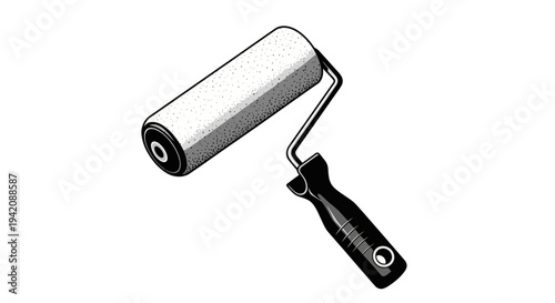 A paint roller with a black handle is shown against a plain white background from a diagonal viewpoint