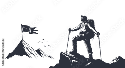 Climber standing triumphantly on mountain peak with flag in the distance, illustration
