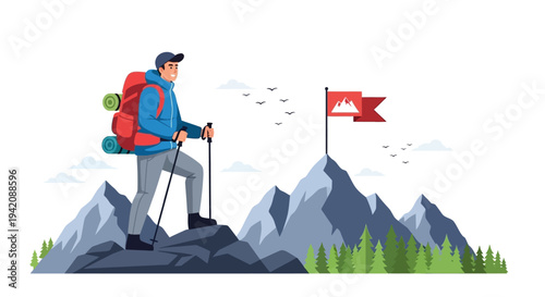 Man standing on mountain peak with hiking gear and flag, vector illustration of adventure and success