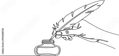 Continuous Line Drawing of Hand Writing with Feather Quill and Ink Bottle for Vintage Calligraphy, Literature Concept and Minimalist Art Design