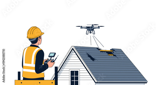 A construction worker in a yellow hard hat and safety vest operates a drone with a remote control to inspect a damaged grey shingled roof.