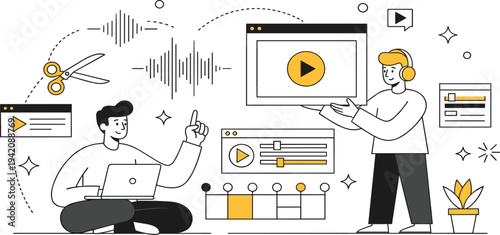 Video Editing and Content Creation Illustration with Audio Waveform, Media Player, and Creators Working on Multimedia Production for Social Media and Digital Marketing