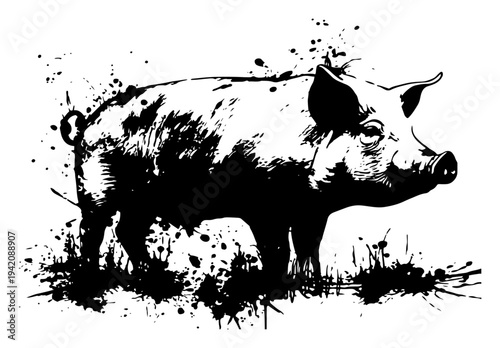Realistic pig standing in grass depicted in black and white grunge ink art style