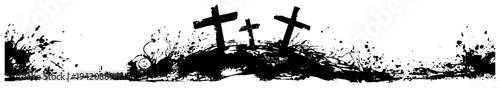 Black silhouette of three crosses on Calvary hill with grunge ink splatter effects