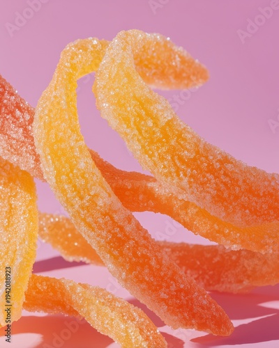 Perfectly shaped candied orange peel strips arranged artistically on a pink background, showcasing their vibrant color and sugar coating for culinary presentation