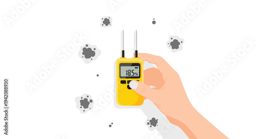 A light-skinned hand holds a bright yellow digital moisture meter displaying 18.5, surrounded by several dark grey mold spots on a white background.