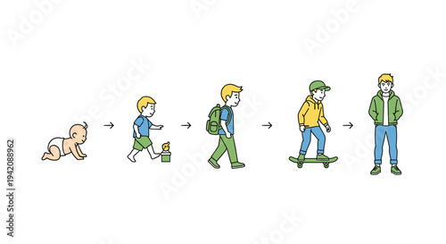 Five distinct stages of a boy's growth are illustrated horizontally, from a crawling baby to a standing adult, including a teenager on a skateboard.