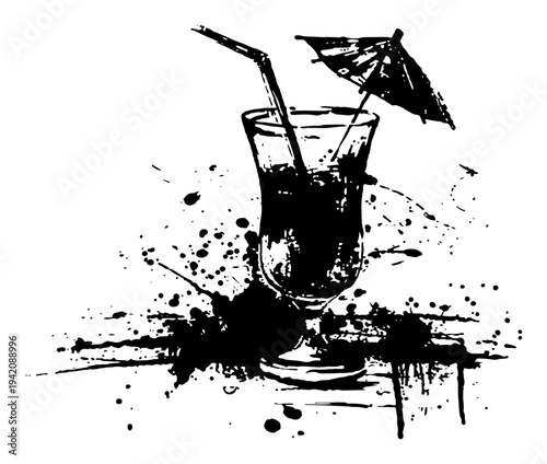 Tropical cocktail drink with straw and umbrella in artistic black grunge style