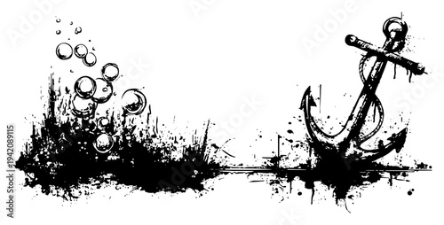 Heavy iron ship anchor and water bubbles in grunge ink style