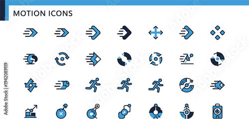 Motion and Speed Icon Set with Arrows, Running Figures, Rotation Symbols, Navigation, Directional Movement, and Dynamic Action Signs for UI and App Design