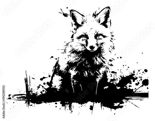 Wild fox sitting portrait in artistic black grunge ink style