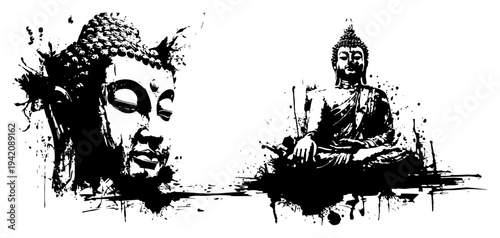 Buddha head and meditating statue in spiritual grunge ink style