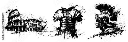 Ancient roman colosseum with gladiator armor and helmet illustration