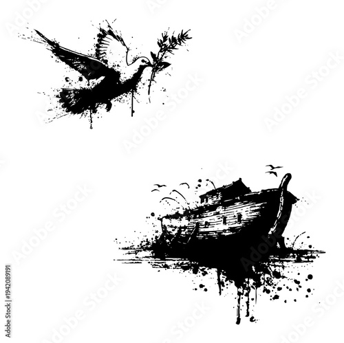 Noahs ark floating on water with flying peace dove illustration