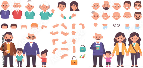 Happy Family Character Creator Vector Set with Parents, Grandparents, Kids, Faces, Hairstyles, and Editable Body Parts for Avatar and Animation Design