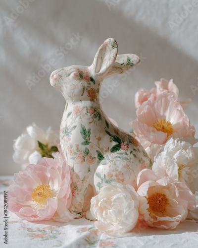 Elegant Easter bunny statue adorned with vintage floral patterns, surrounded by soft pink peonies on a light fabric background, perfect for spring decor and holiday celebrations