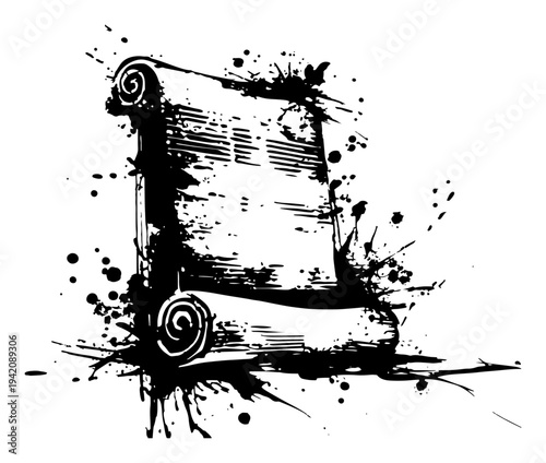 Old ancient paper scroll with grunge ink splatter effects