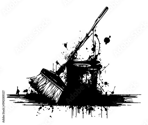 Cleaning bucket and broom tools in artistic grunge ink style