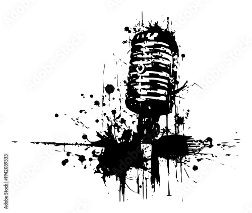 Retro studio microphone for music recording in grunge ink style