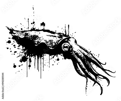 Swimming squid cephalopod with tentacles in grunge ink art style