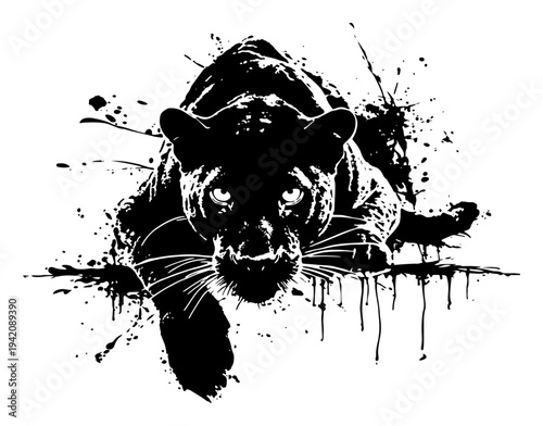 Black panther hunting crouch in artistic grunge ink style