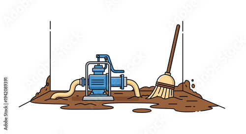 A blue water pump with two beige hoses actively removes muddy brown water from a flooded floor, with a straw broom standing nearby.