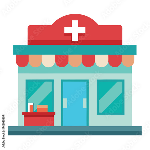 Exterior view of a bright pharmacy building with a large red cross on the roof