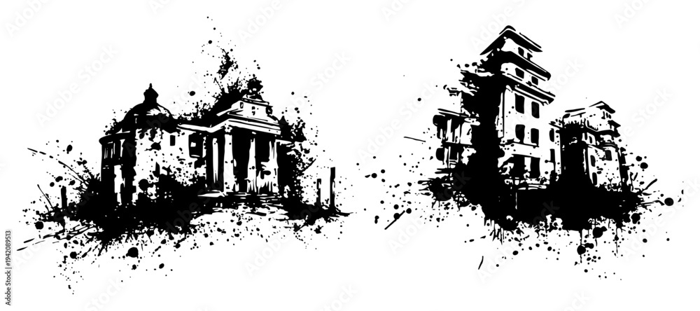 Obraz premium Old architectural buildings and urban ruins in distressed grunge style