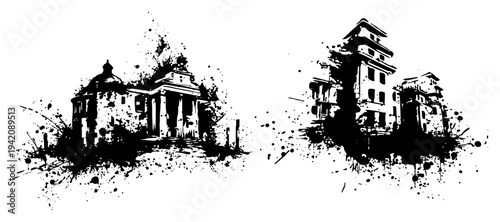 Old architectural buildings and urban ruins in distressed grunge style