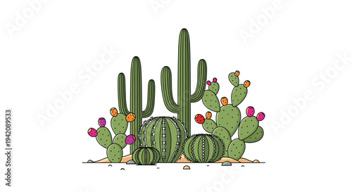 An illustration depicts a diverse group of green cacti with colorful fruits growing on a light brown sandy ground under a clear white sky.