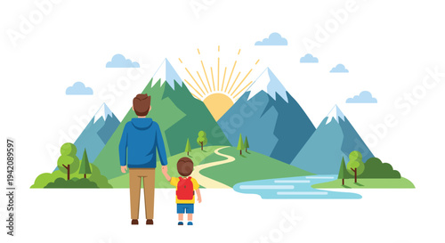 A father and son, seen from behind, stand on a green hill overlooking a winding path, a river, and snow-capped mountains under a rising sun.