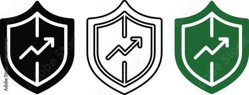 Black, outline, and green shield icons with a rising graph inside indicating security and growth protection