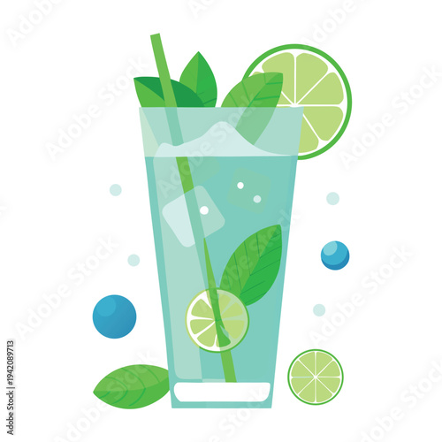 Refreshing mojito cocktail drink with fresh mint leaves and zesty lime slices in a tall glass