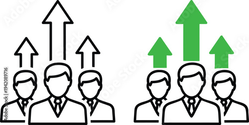 Business growth icons with upward arrows and people silhouettes success