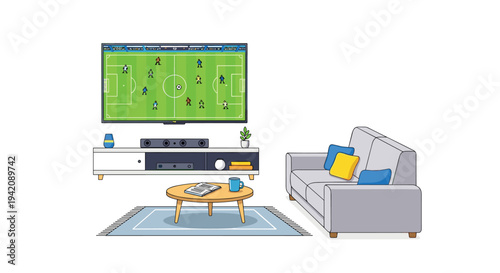 A cartoon living room features a large flat-screen television displaying a soccer game, a coffee table, and a gray sofa with colorful cushions on a striped rug.