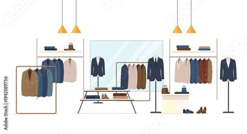 A contemporary men's clothing store features various jackets, shirts, and accessories displayed on racks, tables, and mannequins, with a large mirror and pendant lights.