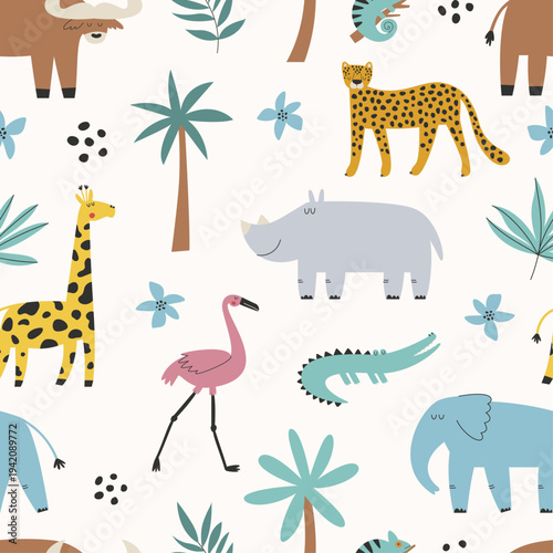Safari animals seamless pattern with giraffe elephant flamingo and crocodile