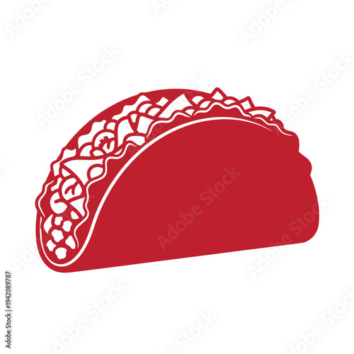 Red taco illustration with white outline and filling on white background  mexican food icon