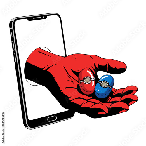 Red and blue pills with microchips offered from smartphone