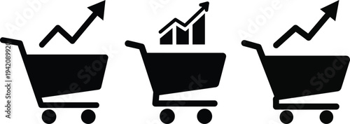 Shopping cart icons with upward trending graph and arrow symbols trolley commerce