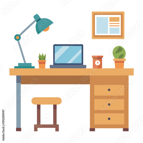 Modern minimalist home office workspace with laptop computer desk lamp and potted plants