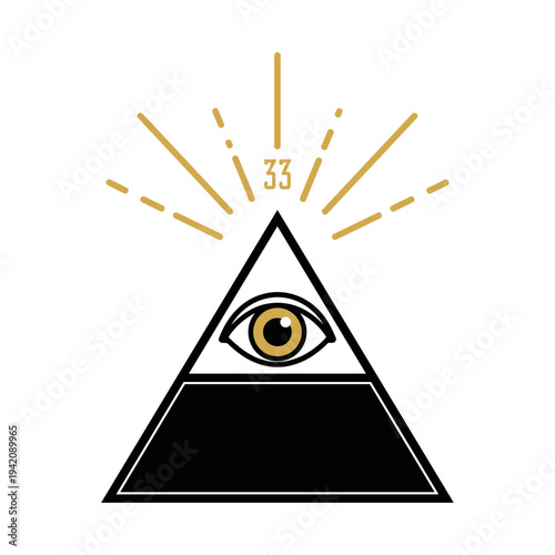All-seeing eye pyramid with gold rays and number 33