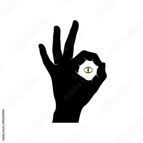 Black hand forming OK sign with reptilian eye in finger circle